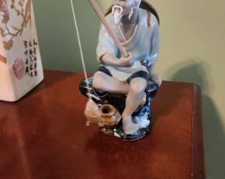 Shiwan Chinese Fisherman Mudman Porcelain Figurine with Fishing Rod Ceramic Statue Mudmen