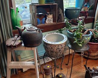 Outdoor planters, boxes, metal tins, wire baskets, copper kettles
