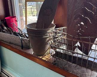 Outdoor planters, boxes, metal tins, wire baskets, copper kettles