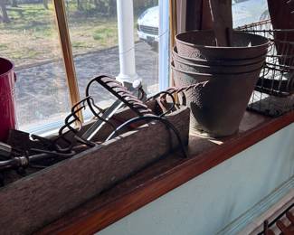 Outdoor planters, boxes, metal tins, wire baskets, copper kettles