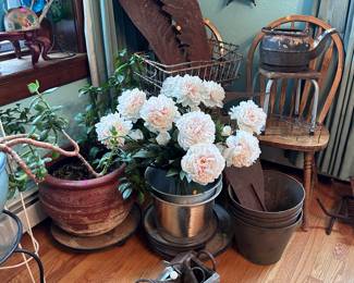 Outdoor planters, boxes, metal tins, wire baskets, copper kettles