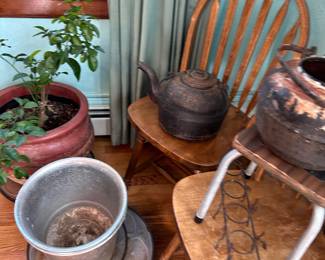 Outdoor planters, boxes, metal tins, wire baskets, copper kettles