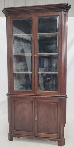 2028x - Early English double door corner cabinet 2 Part form, beveled glass 82.5 x 42.5 x 24
