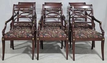 8002 - 6 Henkel Harris unusual mahogany dining chairs arms resting on claws, gilded adornments 38 x 23 x 20
