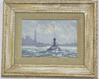 3305 - River Thames with Tug oil on board by Hugh Boycott Brown 11x13 signed en verso small chip out of corner of frame
