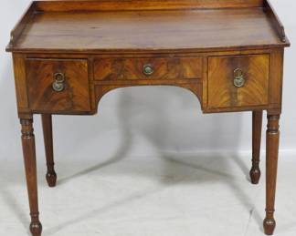 3874 - Mahogany burl front commode w/ gallery turned legs, 3 drawers 32 x 37 x 22
