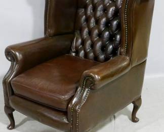 3879 - English leather Chesterfield winged chair Queen Anne leg, nail head trim 40 x 36 x 33
