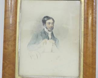 3303 - The Rev Will George Leigh Wasey July 1866 pencil & charcoal portrait bird's eye maple frame, shingle back 15.5x13 some spots under glass
