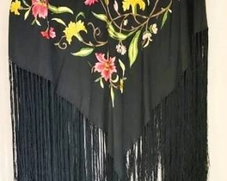 301 - Vintage Embroidered Silk Piano Shawl w/ knotted long silk fringe
