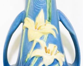3794 - Roseville Zephyr Lily 12.5" handled blue vase
