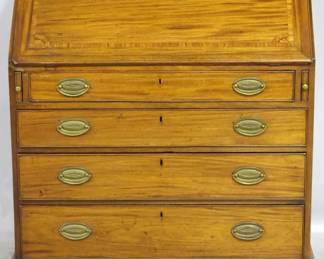 3913 - English mahogany slant front secretary Bracket foot, inlaid, original brasses, tooled leather interior with key 45 x 40 x 22.5
