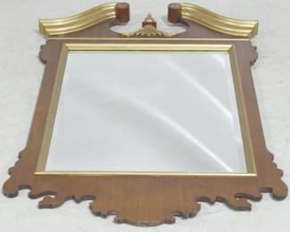 638 - Chippendale mahogany wall mirror gold accent, broken arch pediment 52 x 34
