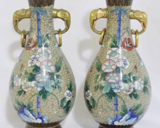 3823 - Matching pair Cloisonne enamel 9.5" vases with elephant head handles
