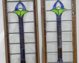 3890 - Pair stained & leaded glass windows 53 x 20
