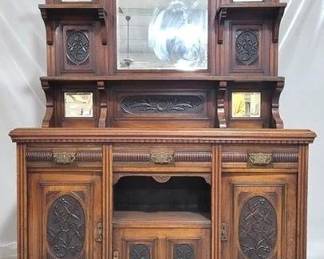 1376 - Nicely carved English mirror top sideboard 80 x 59 x 18
