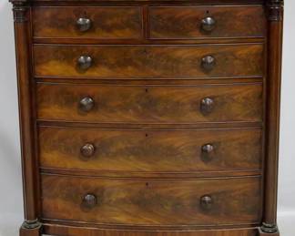 3944 - Bow front English 2 over 4 chest column adorned, graduated drawers 54 x 47 x 22
