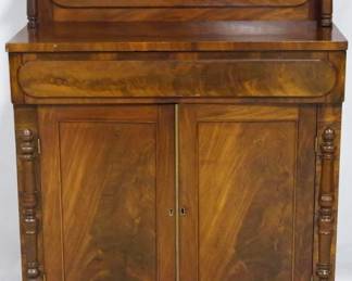 3915 - Period mahogany chiffonier server with shelved gallery, 1 drawer over double doors, key 53 x 36 x 15
