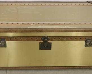 718 - Lazzaro brass trunk style coffee table w/drawers 18 1/2 x 44 1/2 x 28 1/2 New - w/ leather trim
