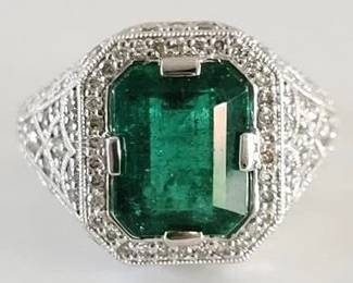 22z - 3.19 CT Emerald Platinum ring APP $35,620 step faceted cut natural emerald surrounded with .80CT TW diamonds, size 7
