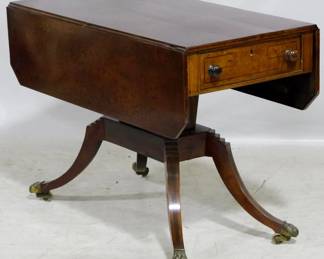 3918 - Regency Tea Table in plum pudding mahogany starpoint inlay, brass claw toes over casters, drawer with pull out tea caddy inserts, opposite drawer with storage & pull out inkwell EXCEPTIONAL!! 30 x 42 x 43 with leaves lifted
