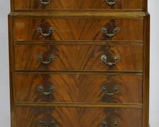 3942 - Bookmatched mahogany chest on chest Queen Anne legs, backsplash 59 x 37 x 20
