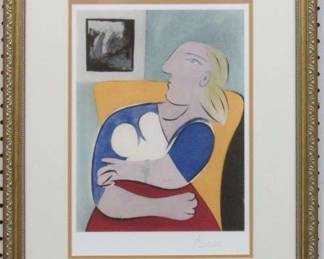 9027 - WOMAN IN YELLOW CHAIR PRINT BY PABLO PICASSO 19 X 23
