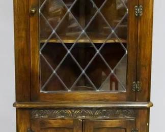 3878 - Oak leaded glass corner cabinet with carvings 72 x 28 x 14
