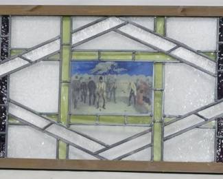 3889 - Stained & leaded glas window, golfing 20 x 42

