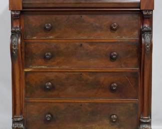 3945 - Antique Scottish chest of drawers 56 x 48 x 25 adorned with carved paws veneer loss at base
