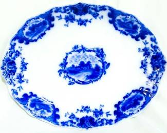 3988 - English flow blue oval platter, 14 x 11 Meakin Homestead
