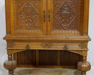 3893 - English Jacobean carved oak cabinet 57 x 53 x 20 with key chip on corner
