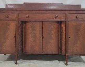 8084 - Period Sheraton sideboard with backsplash 50 x 73.25 x 25 3 drawers over 4 doors, inset middle doors book matched mahogany draw leaf side
