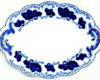 3987 - English flow blue oval platter, 12 x 16 Johnson Bros Normandy

