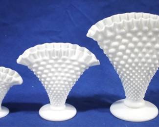 795 - 3 Hobnail Fan Milk Glass Vases, 8 & 6 & 4" tall
