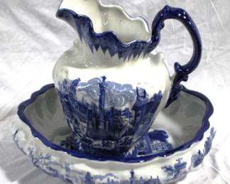 7109 - 2pc Blue & White Pitcher and Bowl Set 12" x 16" x 14" Inches
