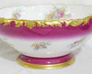 3792 - T & V Limoges hand painted footed punch bowl with gold trim 6 x 13
