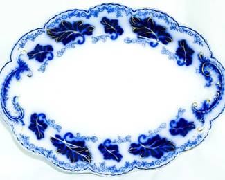 3980 - English flow blue oval platter, 14x10.5 Johnson Bros Normandy
