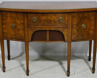 3926 - English bow front tambour buffet on tapered spade legs, with inlay 36 x 53 x 24
