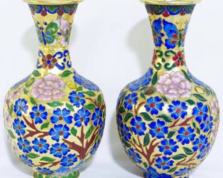 3825 - Matching pair Cloisonne brass enamel 8" vases
