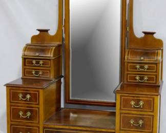 3928 - Federal inlaid dressing vanity tilting beveled mirror, brass finials, on casters 77 x 54 x 23
