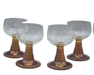 Lot 008   
Vintage MCM Amber Beehive Stemmed Crystal Wine Goblets, Set of Four