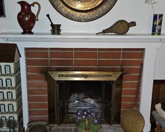 36 in brass wall hanging, old dutch bellows and foot warmer and kettle, cloisonne vase, etc