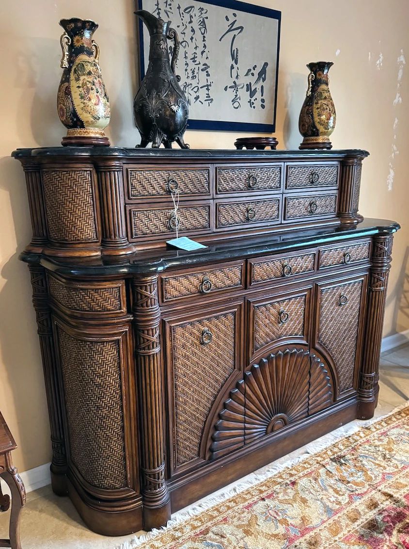 Ethan Allen rattan, wood, and stone-top buffet