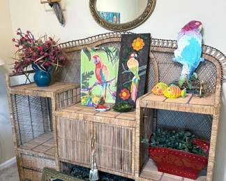 Large vintage wicker shelf/cabinet unit, tropical bird themed decor