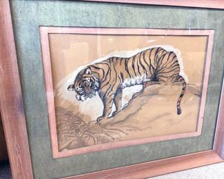 Vintage framed tiger watercolor