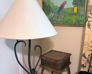 Floor lamps, framed art, rattan table