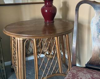 1970s vintage rattan table with glass top, square lattice-style base
