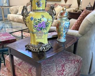 French porcelain bronze mounted vase, end tables, upholstered foot stools