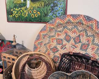 Large vintage Mexican flat basket, other baskets