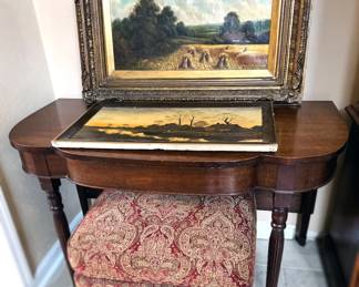 Oil paintings, antique tables, ottoman